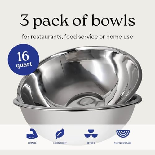 16 Quart Large Stainless Steel Mixing Bowls Set, Nesting Bowls