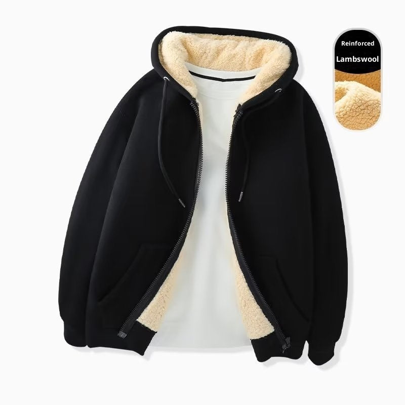 Cozy Lambswool Lined Zip Up Hoodie in Black and Red - Image 2