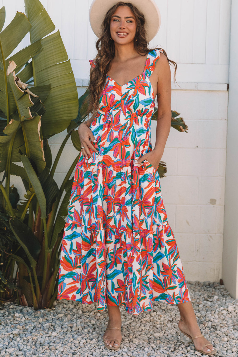 Women's Floral Boho Maxi Dress with Ruffle Straps