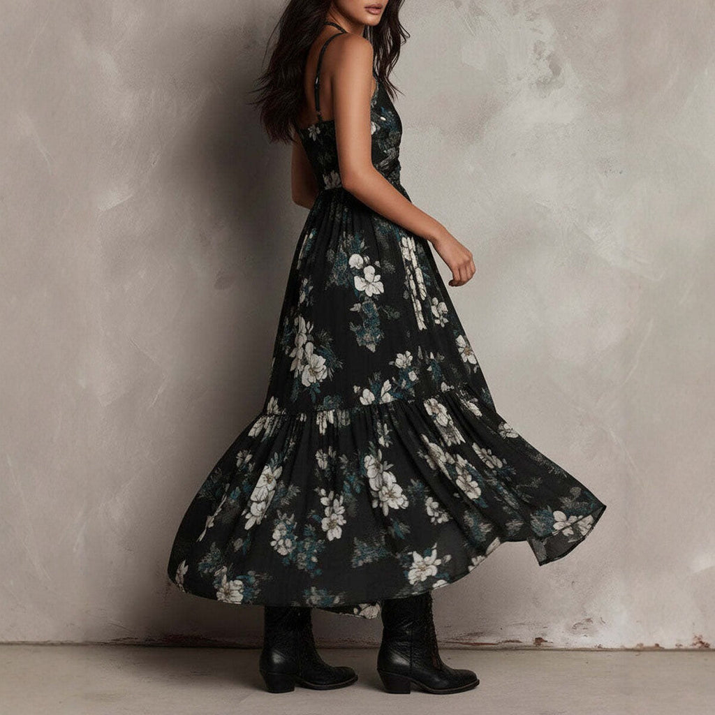 Floral Deep V-Neck Camisole Maxi Dress with High-Slit