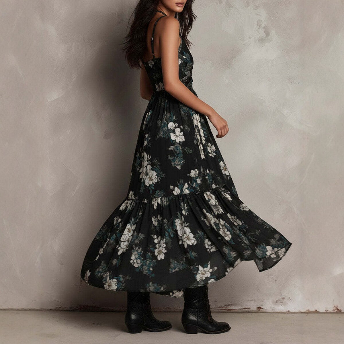 Floral Deep V-Neck Camisole Maxi Dress with High-Slit