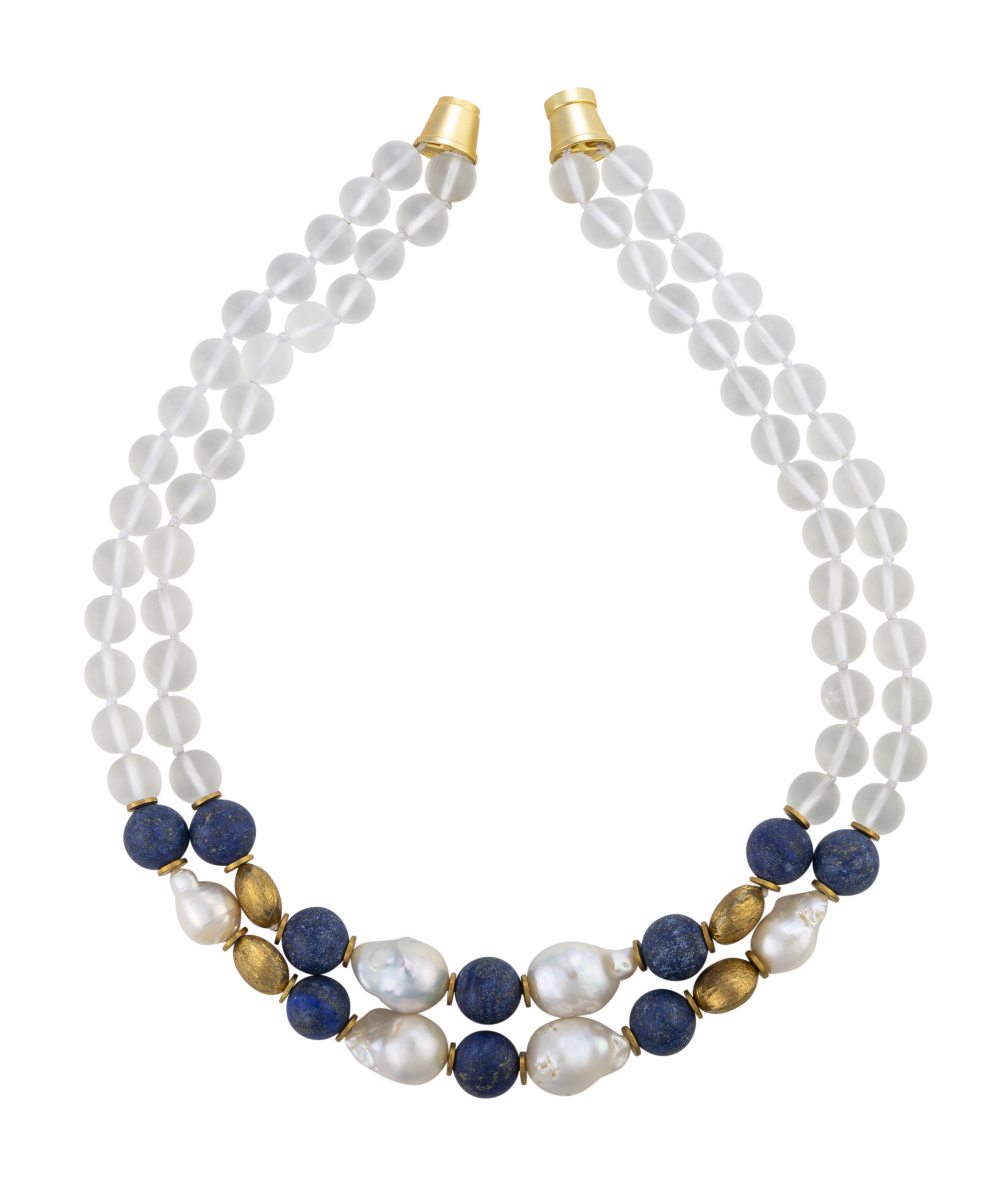 Two-strand necklace featuring frosted glass, blue lapis, textured brass, and white biwa pearls with a gold-tone magnetic clasp.
