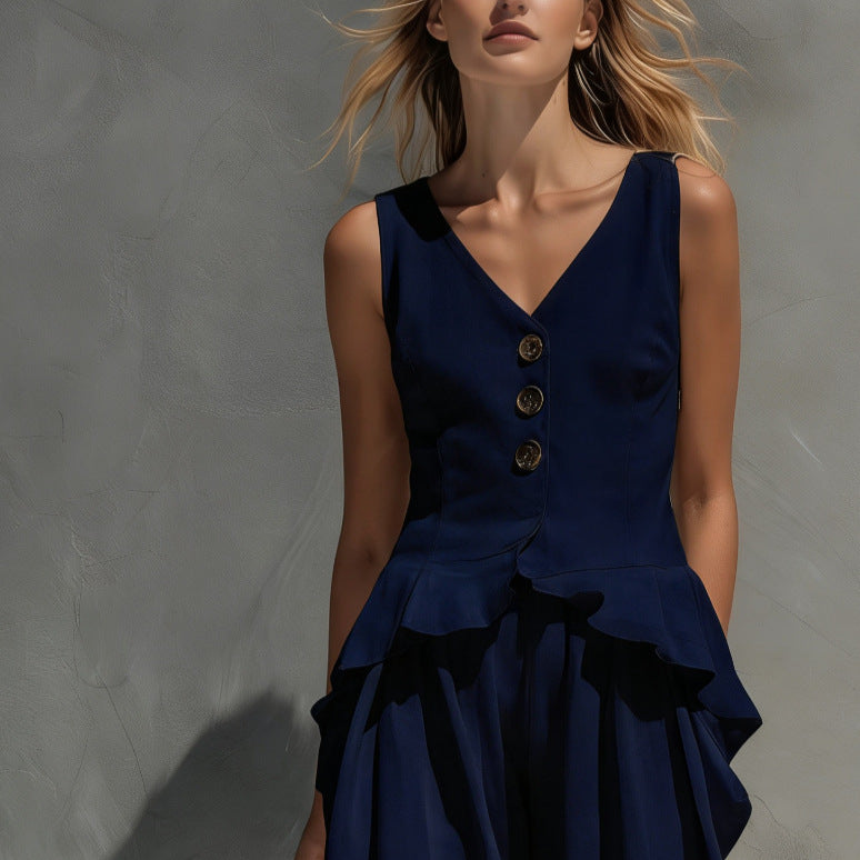 Women's Button-Front Peplum Top and Wide-Leg Pants Two-Piece Set - Image 3