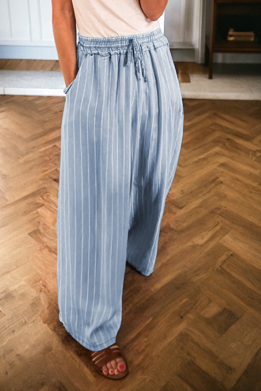Stripe Chambray Tied Elastic Waist Trousers