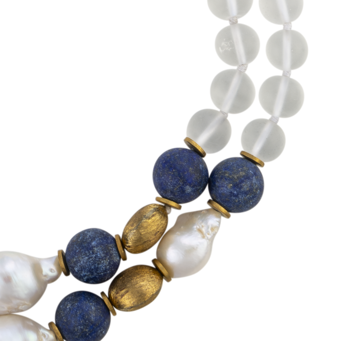 Two Strand Lapis and Biwa Pearl Necklace with Brass Accents - Image 2