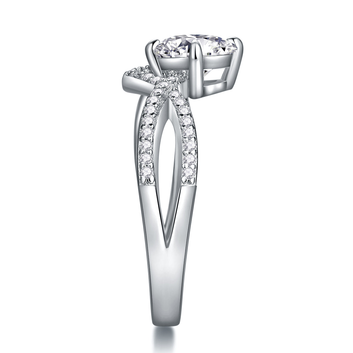S925 Silver 3.3g Platinum Plated Moissanite Ring, 1ct 6.5mm D VVS1 Criss Cross Band, GRA Certified US 5-9