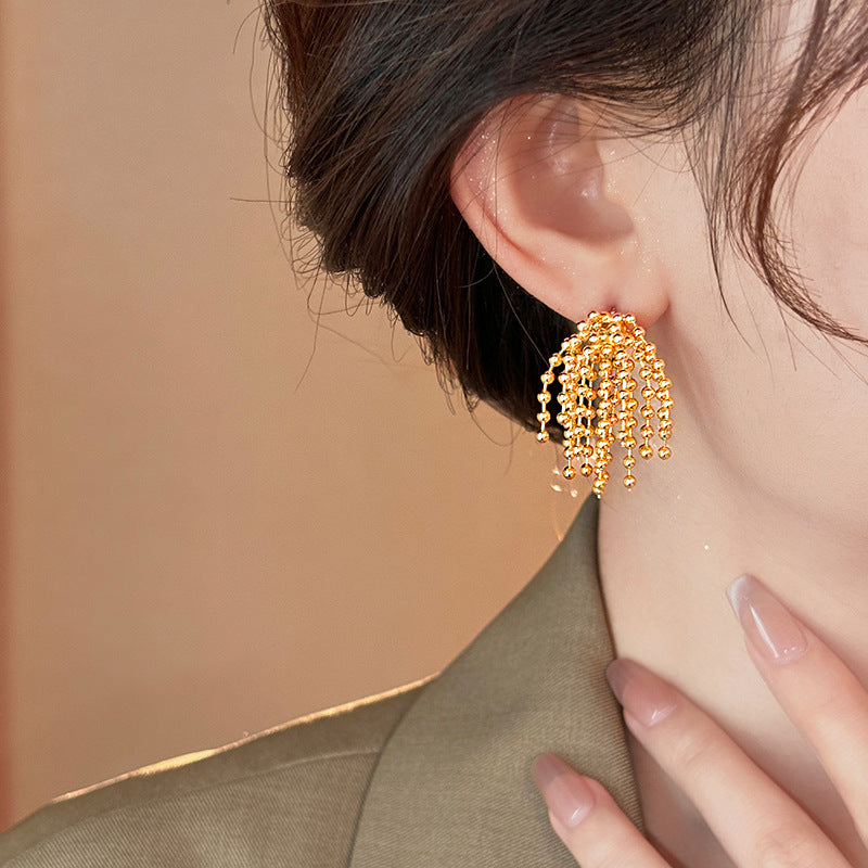 Metal Ball Firework Tassel Stud Earrings