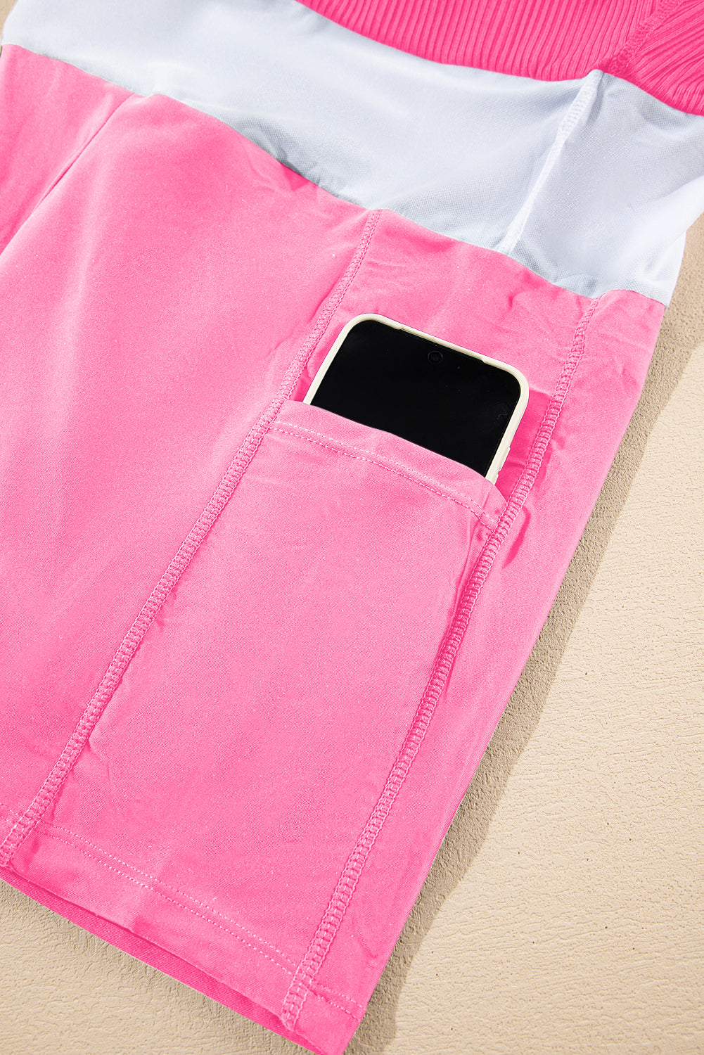 Bright Pink Color Block Ribbed Swim Dress with Pockets