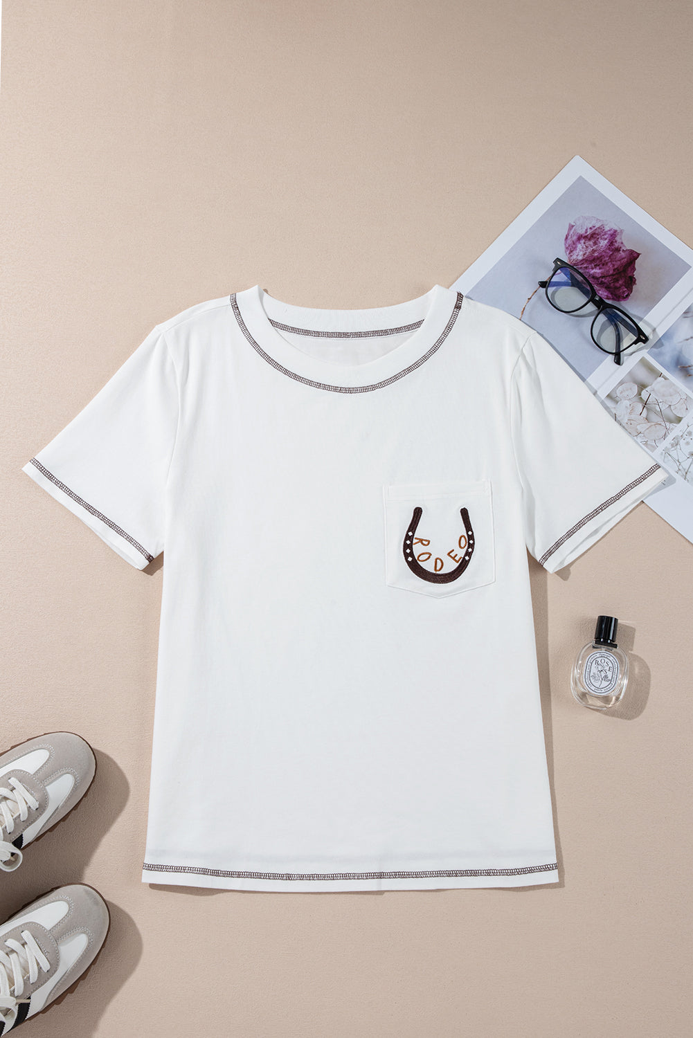 White Rodeo Horseshoe Embroidered Patch Pocket T-Shirt - Image 7