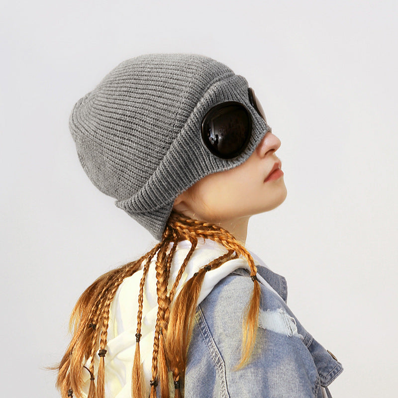 Women’s Aviator Pilot Knit Hat with Goggles Winter Beanie - Image 3