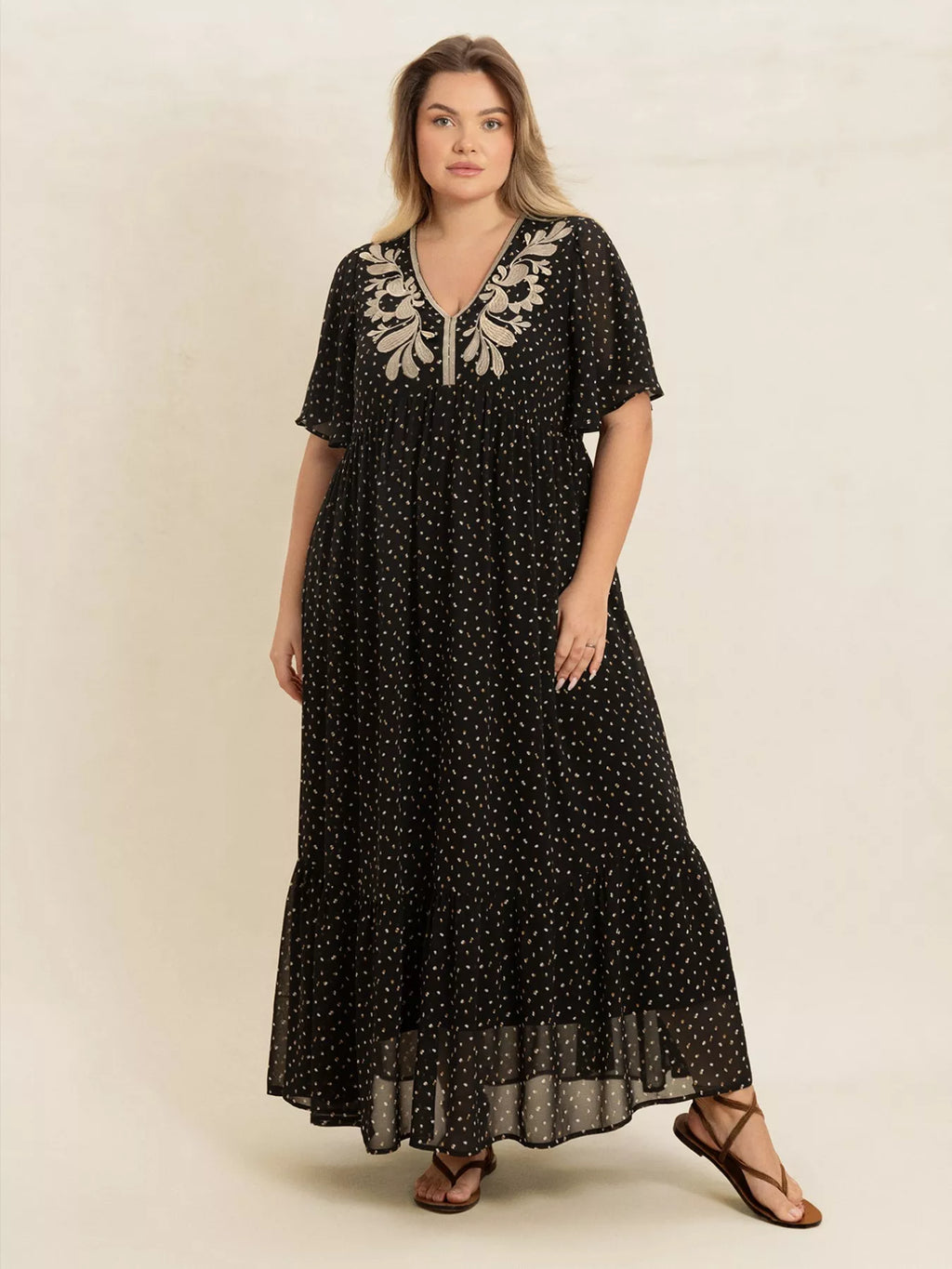 Plus Size Printed V-Neck Flutter Sleeve Maxi Dress