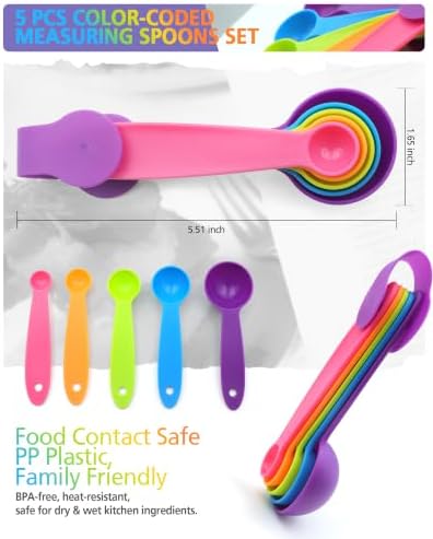 Measuring Spoons Set of 5, Fade-Proof Markings, Color Coded Plastic
