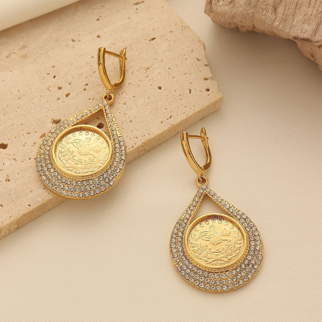 18K Gold-Tone Coin Stud Earrings with Crystal Accent Vintage Style