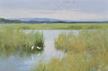 Traditional coastal marsh painting featuring egrets on 24x36 gallery-wrapped canvas in blue and green.