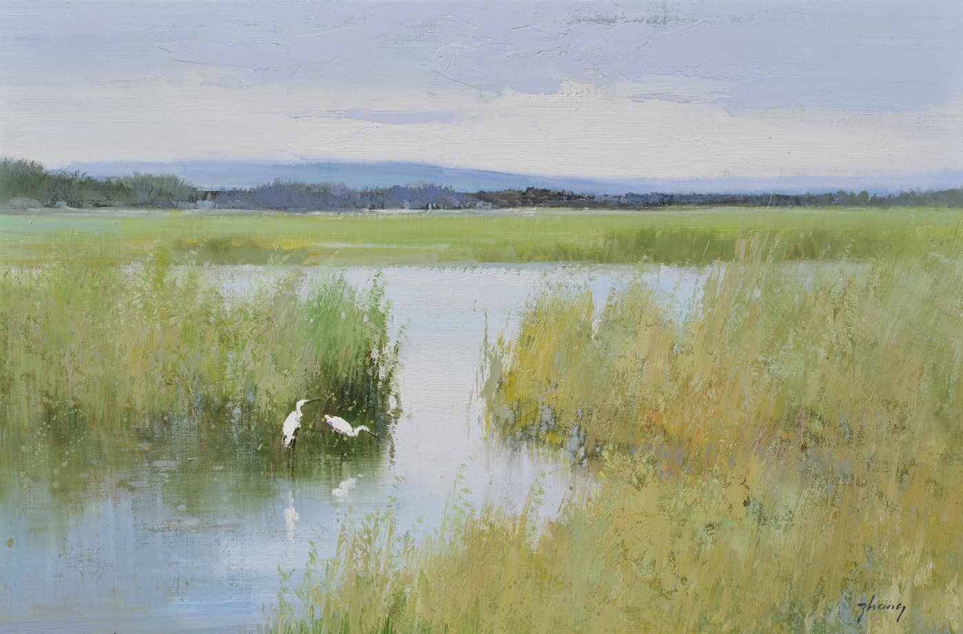 Traditional coastal marsh painting featuring egrets on 24x36 gallery-wrapped canvas in blue and green.