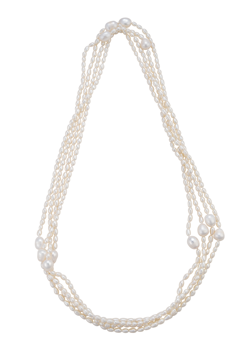 A 90-inch long rope necklace made of white freshwater cultured pearls arranged in loops against a white background.