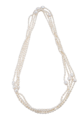 A 90-inch long rope necklace made of white freshwater cultured pearls arranged in loops against a white background.