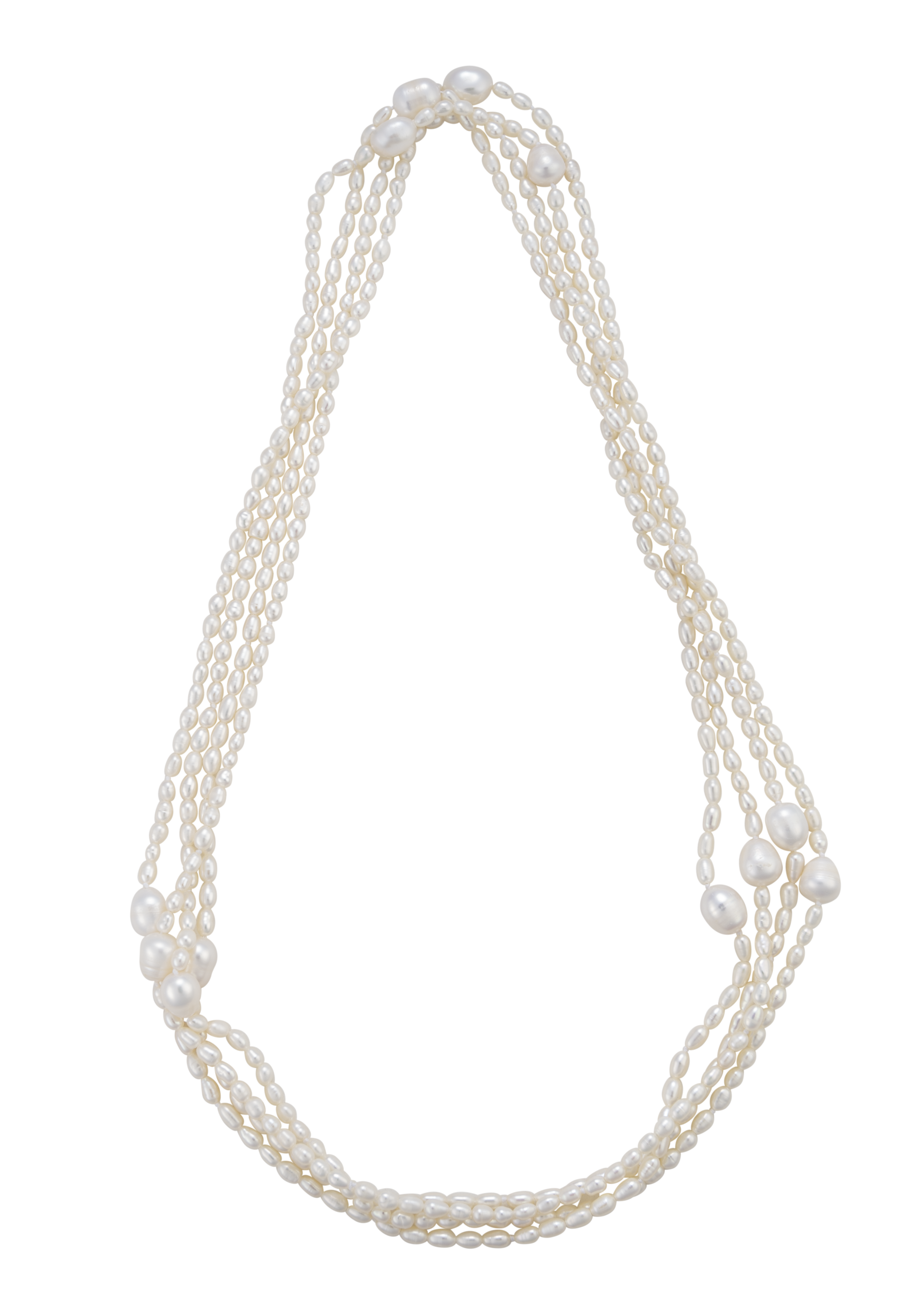 A 90-inch long rope necklace made of white freshwater cultured pearls arranged in loops against a white background.