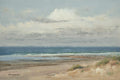 A gallery-wrapped coastal beach oil painting on canvas with blue, beige, and grey tones, 24x36 wall art.