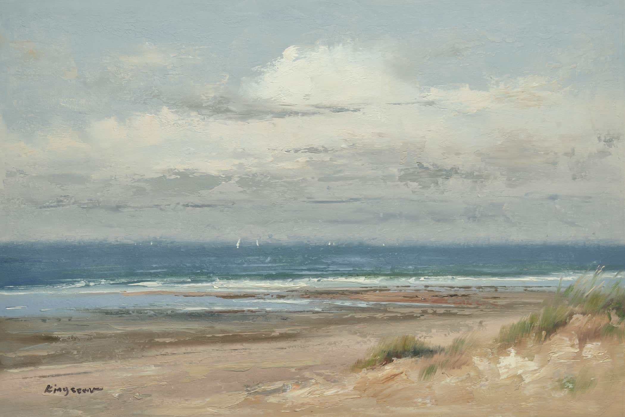 A gallery-wrapped coastal beach oil painting on canvas with blue, beige, and grey tones, 24x36 wall art.
