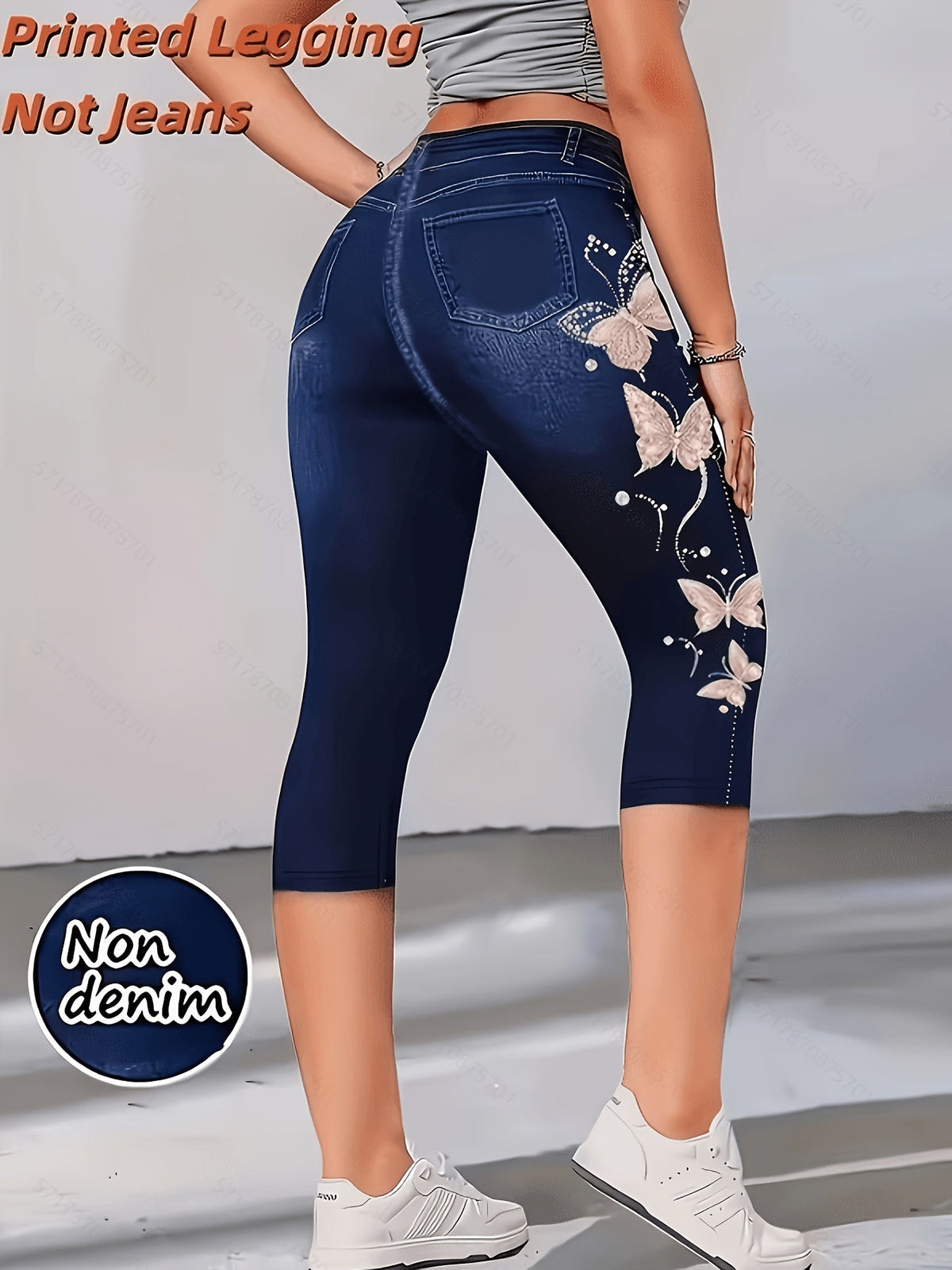 Plus Size Faux Denim Butterfly Capri Pants