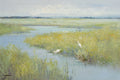 A 24x36 gallery-wrapped giclee canvas painting of egrets in a pond, featuring green, blue, white, and beige tones.