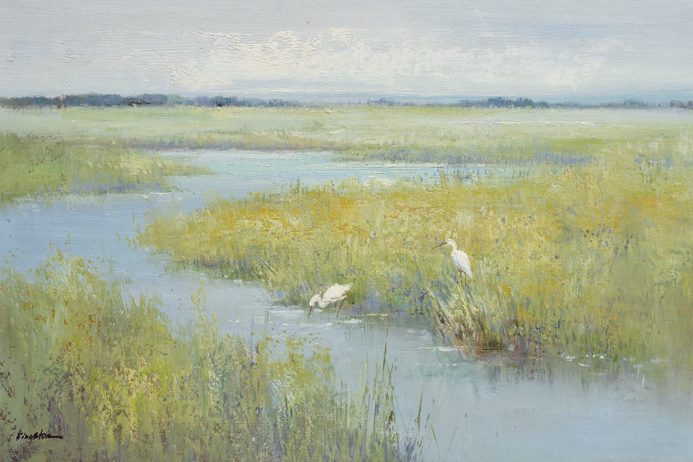 A 24x36 gallery-wrapped giclee canvas painting of egrets in a pond, featuring green, blue, white, and beige tones.