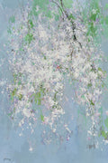 A 24x36 gallery-wrapped giclee canvas painting of cherry flowers in white, light-blue, and green, with an impressionistic style.