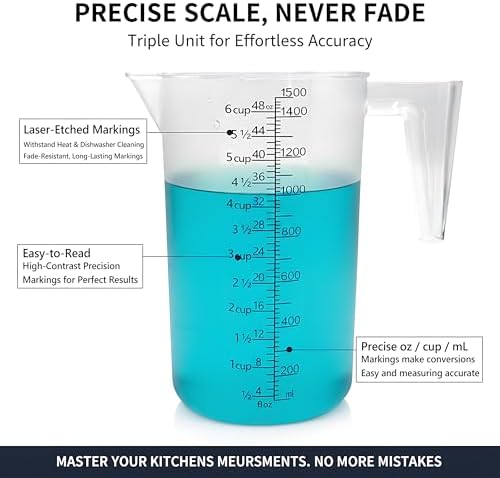Liquid Measuring Cup with Handle, 48 oz / 6 Cup / 1500 ml Plastic Measuring