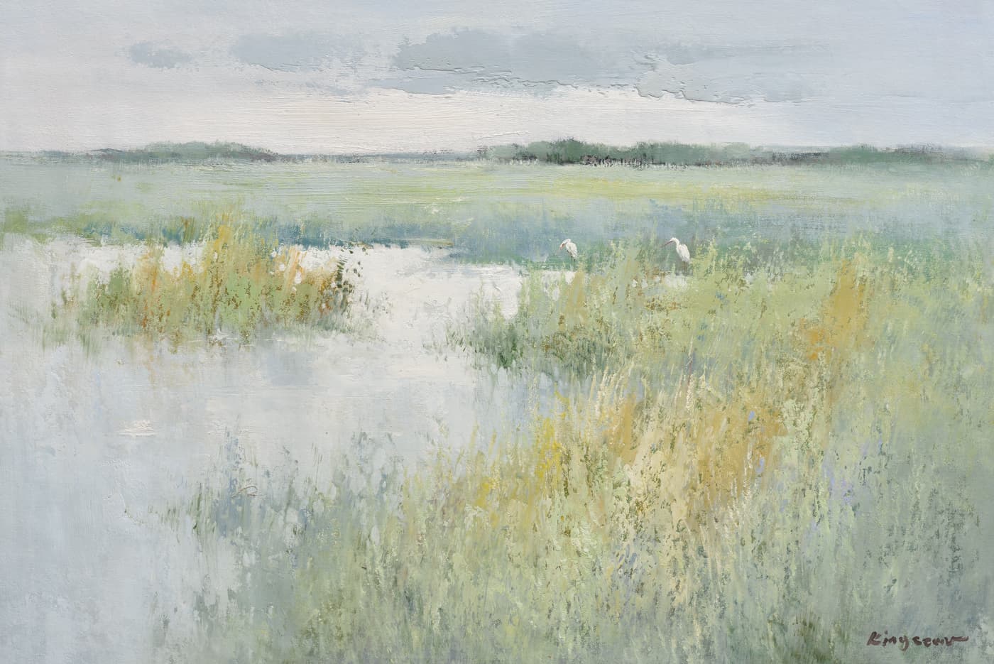 24 x 36 coastal marsh land canvas art with sage green and blue muted earth tones