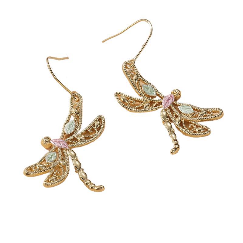 Vintage Dragonfly Drop Earrings Gold Tone Brass Women Spring Summer Daily Fashion Jewelry Elegant Gift