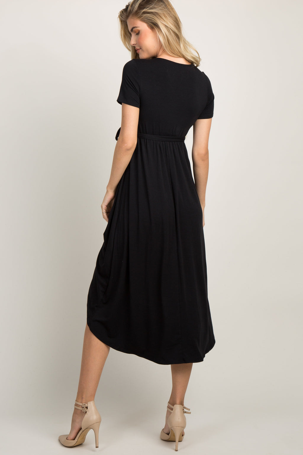 Black Solid Hi-Low Wrap Dress