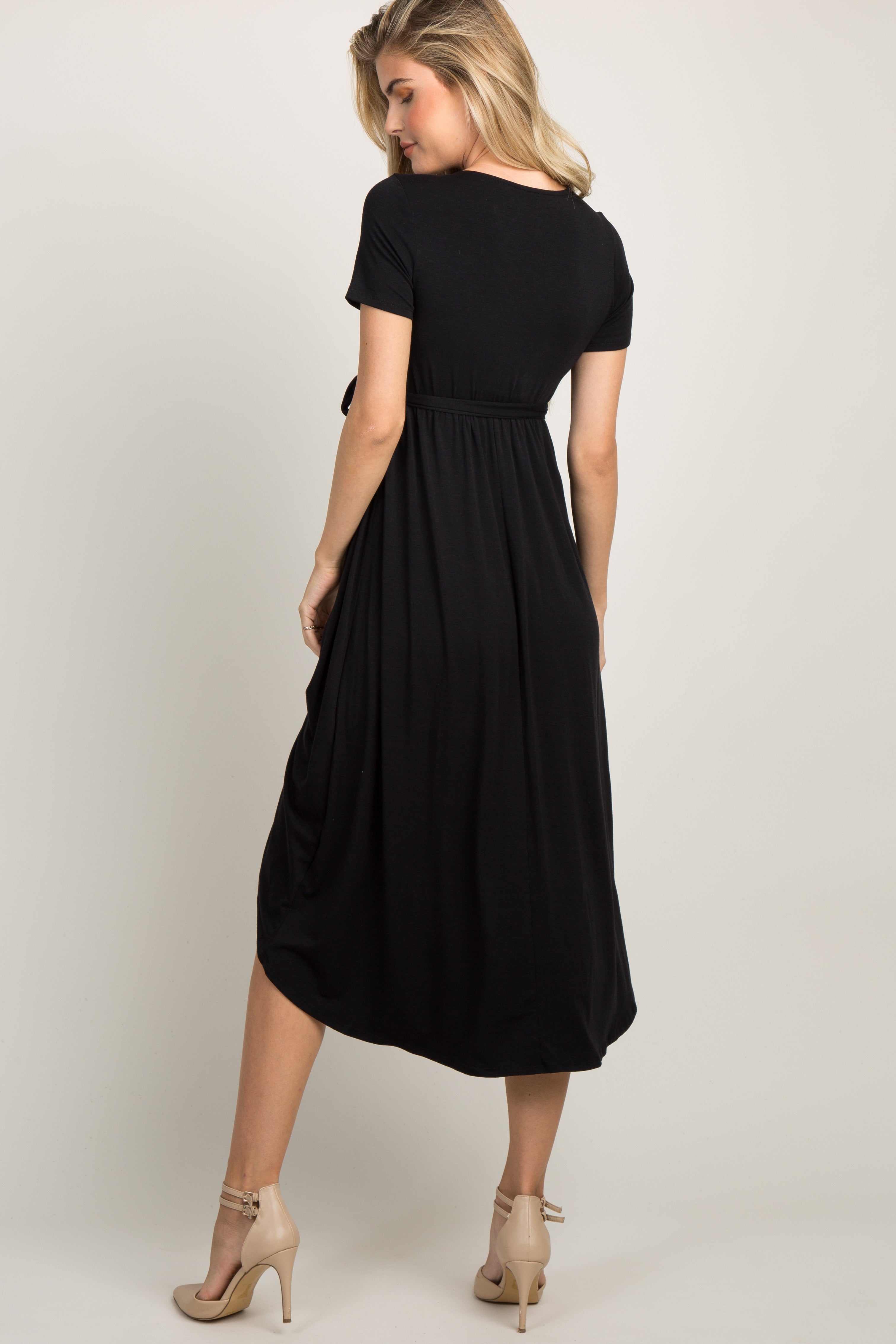 Black Solid Hi-Low Wrap Dress