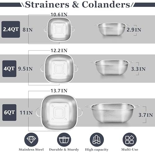 E-far Stainless Steel Colander Set of 3, Square Strainers and Colanders