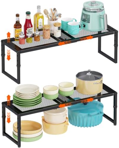 2 Pack Expandable Kitchen Cabinet Shelf Organizer, 15.5"-25.5" Long Adjustable