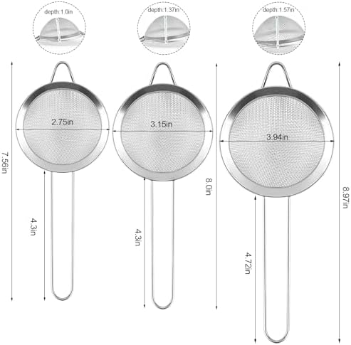 3 Pack Fine Mesh Strainer, Small Stainless Steel Sieves