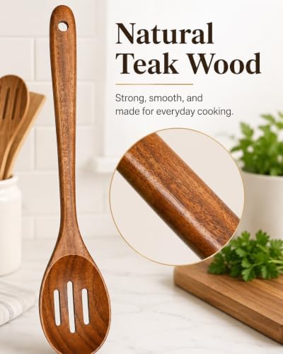 13" Premium Teak Wood Slotted Spoon