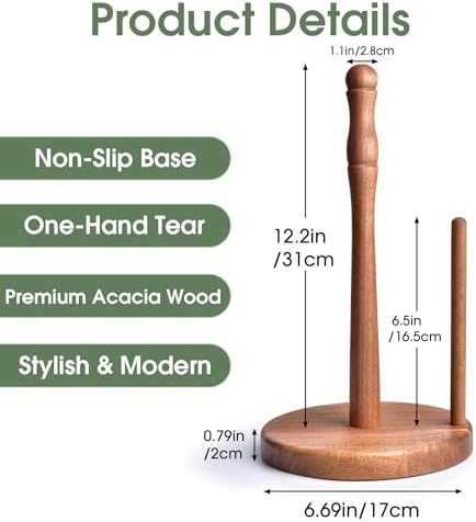Farmhouse Acacia Wood Paper Towel Holder Countertop, Weighted Base