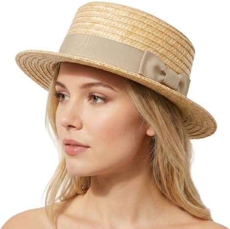 Classic Straw Boater Hat for Men and Women, Vintage Skimmer Flat Top Hat