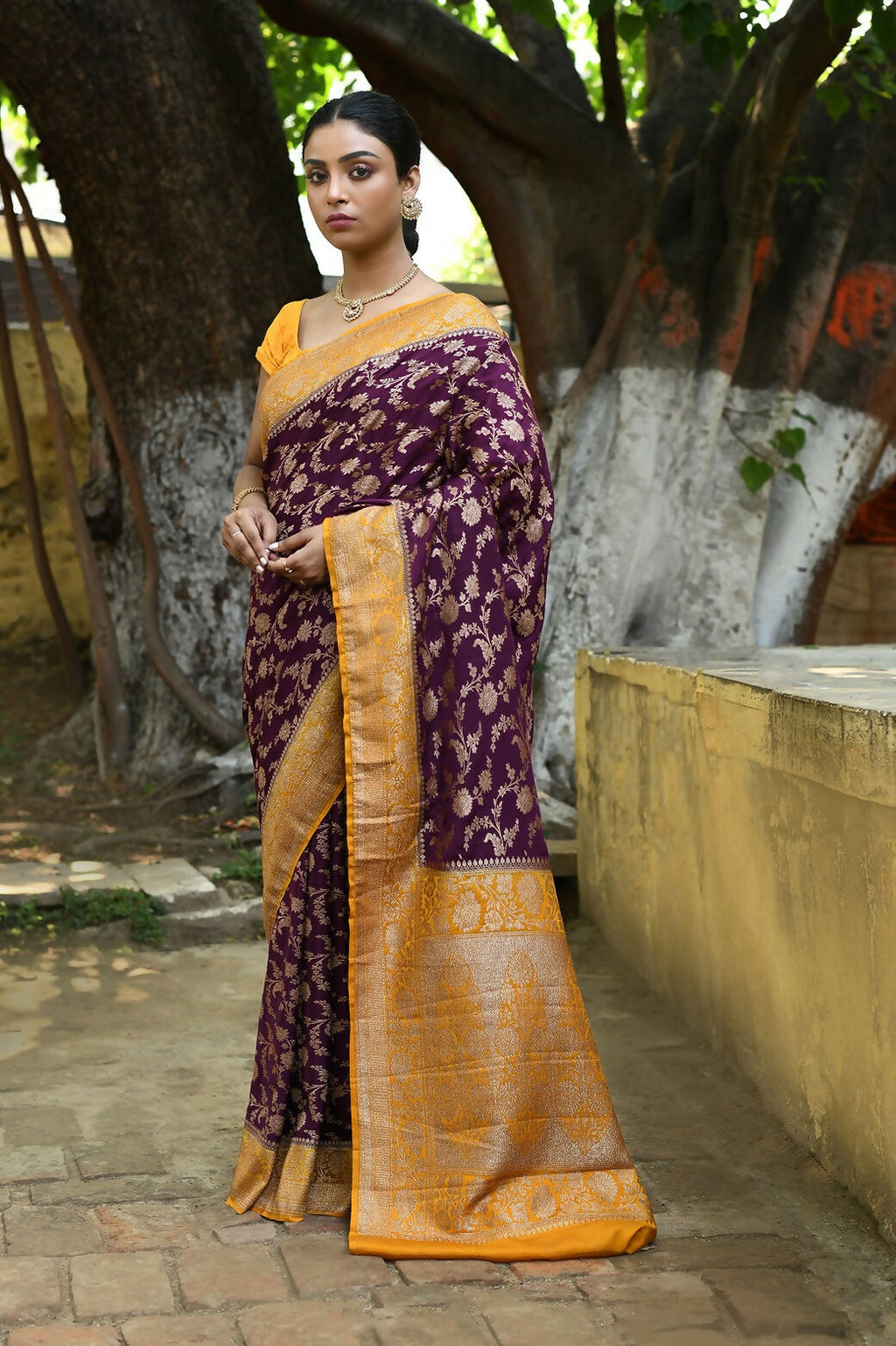 Purple Crepe Chiffon Pure Handloom Banarasi Silk Saree