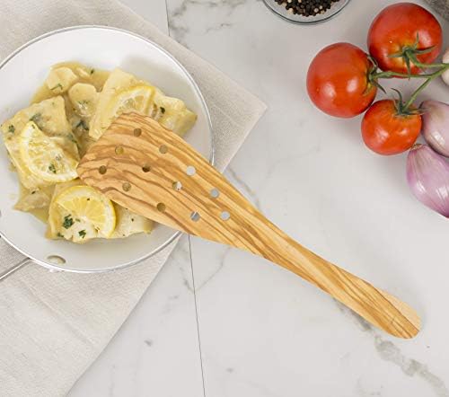 Eddington Italian Olive Wood Wide Pierced Spatula, Handcrafted in Europe