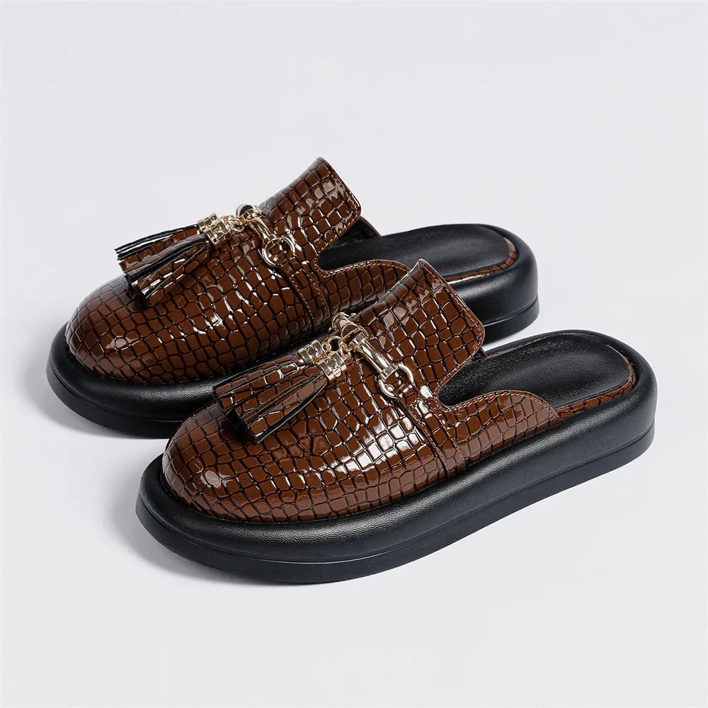 Black Croc-Embossed Tassel Mule Flats Women's Slip-On Shoes - Image 3