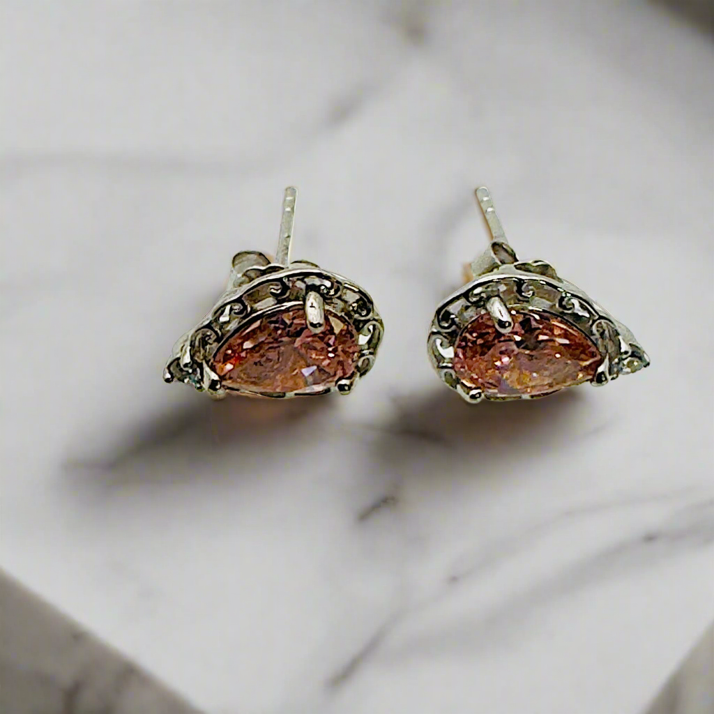 Rhodium Plated Teardrop Silver Pink CZ Stud Earrings - Hypoallergenic Luxury Jewelry