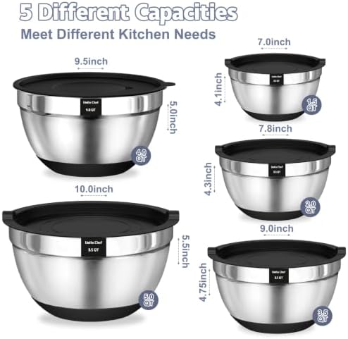 Umite Chef Mixing Bowls with Airtight Lids Set, 3 Grater Attachments & Non-Slip