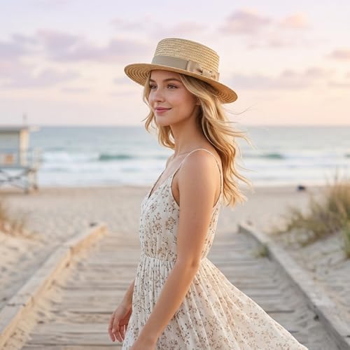Classic Straw Boater Hat for Men and Women, Vintage Skimmer Flat Top Hat