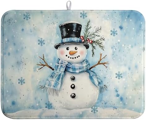 Snowman Super Absorbent Dish Drying Mat, 18x24 Inch, Winter Blue Snowflake Dish