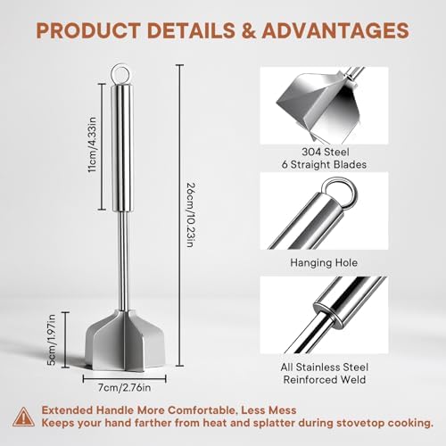 304 Stainless Steel Meat Chopper & Masher, All Stainless Steel 6-Blade Ground