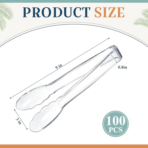 Tessco 100 Pcs Plastic Tongs, 9 Inch Disposable Serving Tongs, Transparent