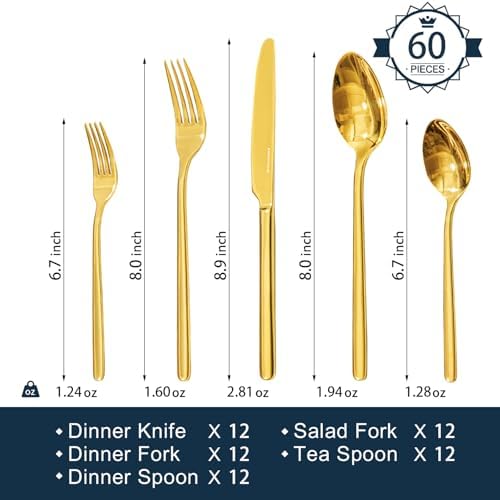 KINGSTONE Gold Silverware Set, 60 Piece Flatware Cutlery Set