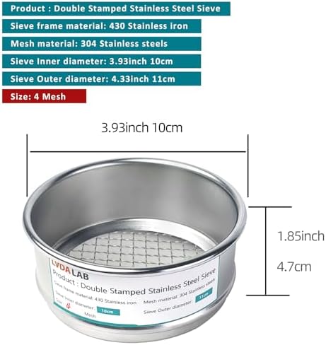 4" 304 Stainless Steel Lab Sieve, 4 Mesh Screen Sifter
